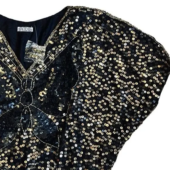 Vintage Women’s Sz S NWT Black Gold Sequin Butterfly Top 70s Deadstock Silk Boho